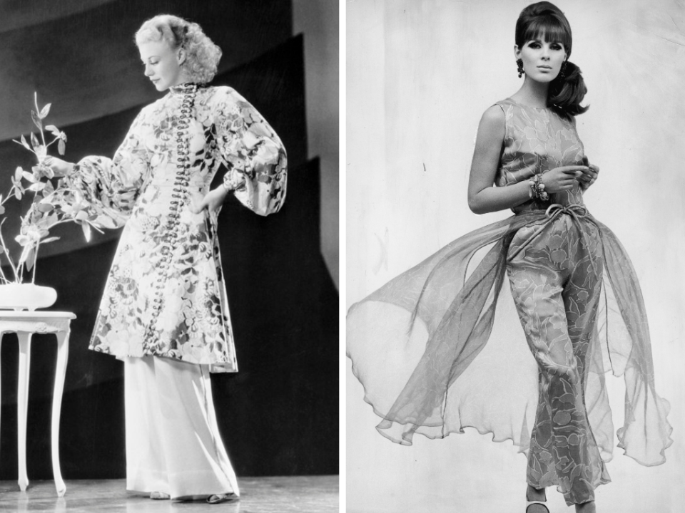 Izquierda: Ginger Rogers con un pijama de anfitriona en los años cincuenta. A la derecha: una modelo viste un pijama de noche en seda, alrededor de 1965. (Getty)