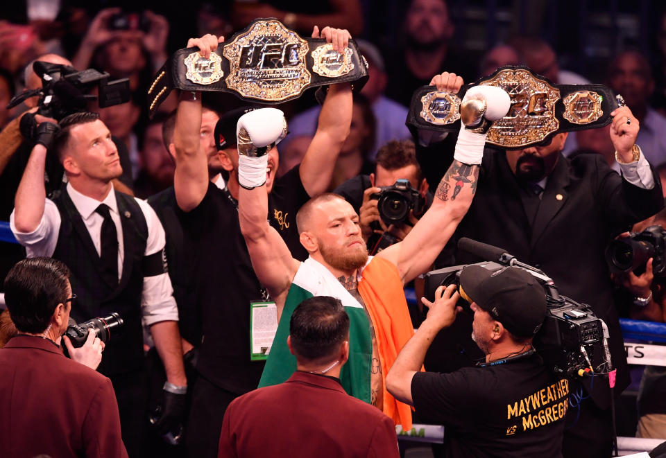 LAS VEGAS, NV - AUGUST 26:  Conor McGregor stands in the ring prior to his super welterweight boxing match against Floyd Mayweather Jr. on August 26, 2017 at T-Mobile Arena in Las Vegas, Nevada.  (Photo by Jeff Bottari/Zuffa LLC/Zuffa LLC via Getty Images )