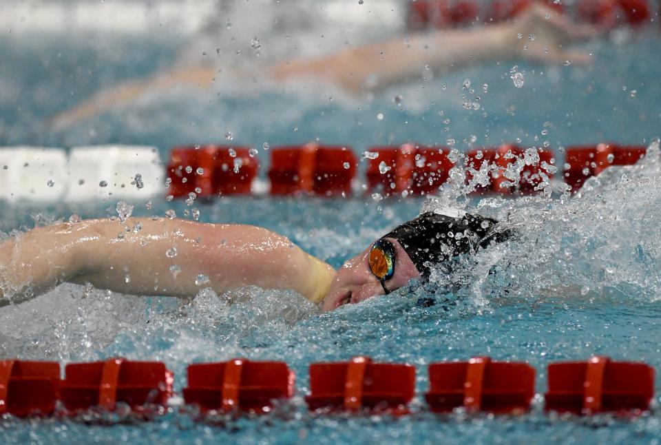 Perry's Sophie Baker competes in the girls 50-yard freestyle at the Division I sectional swimming meet at C.T. Branin Natatorium in Canton, Saturday, Feb. 10, 2024.