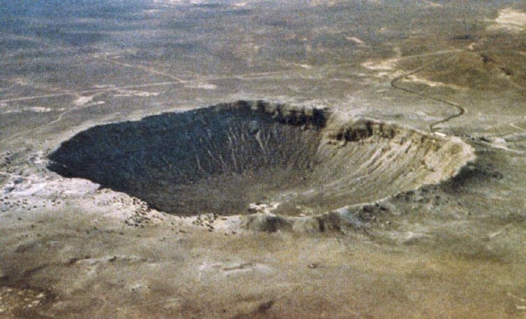 <span class="caption">Barringer crater.</span> <span class="attribution"><span class="source">D. Roddy (LPI)/NASA</span></span>