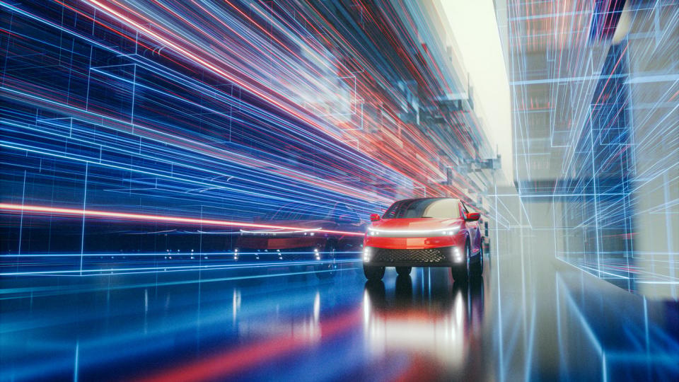 Futuristic car speeding through lights