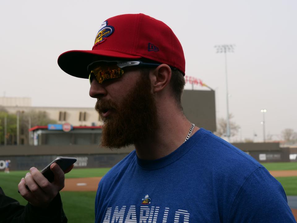 Amarillo Sod Poodles pitcher Blake Workman talks to the media during Media Day on Tuesday, April 4, 2023 at Hodgetown Ball Park.