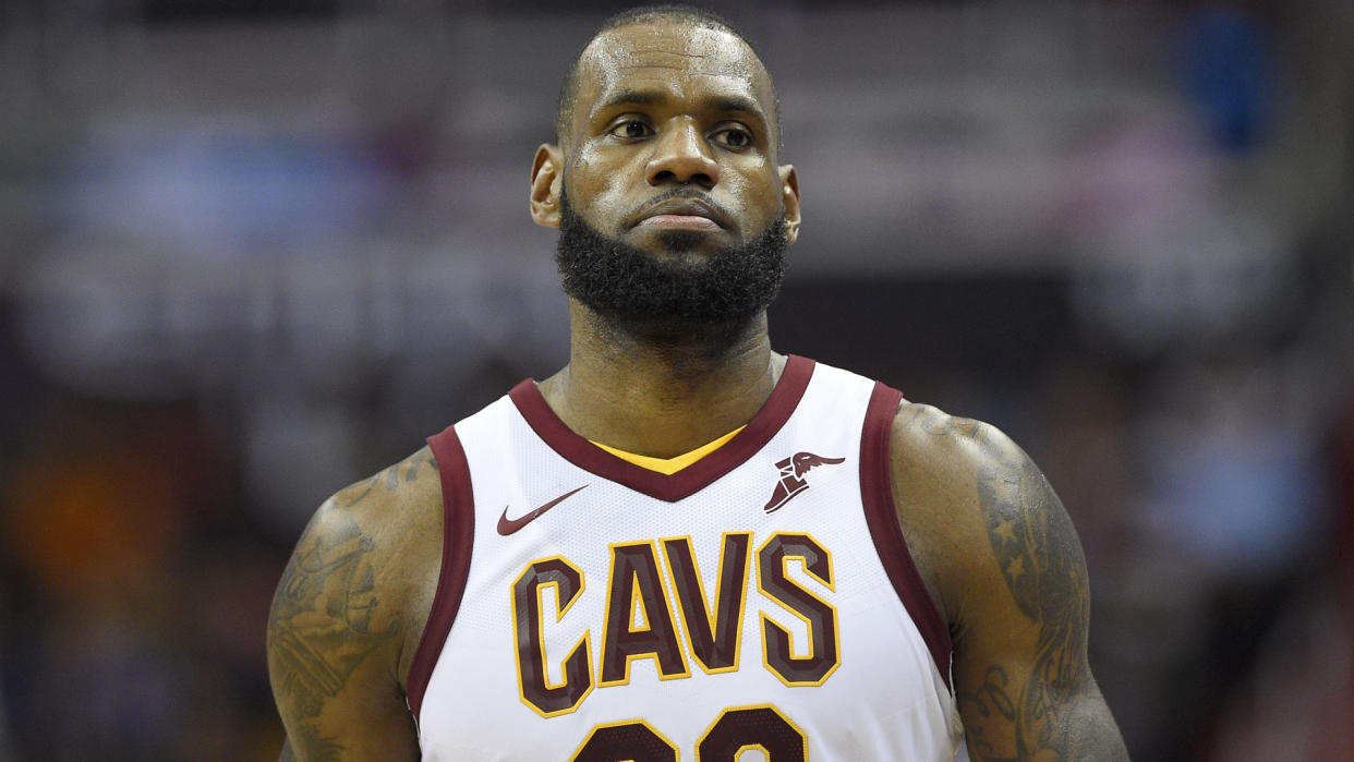 Mandatory Credit: Photo by AP/REX/Shutterstock (9201697cw)Cleveland Cavaliers forward LeBron James (23) looks on during the second half of an NBA basketball game against the Washington Wizards, in Washington.