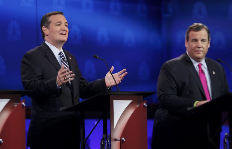 Sen. Ted Cruz, left, and Gov. Chris Christie at a Republican presidential debate in Boulder, Colo., last October. (Photo: Rick Wilking/Reuters)