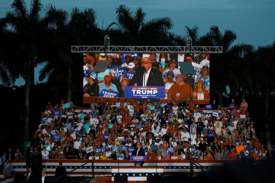 The former president took to the stage at Trump National Doral Golf Club in Miami, Florida  – which he described as ‘one of the greatest golf courses on Earth,’ shortly after 8pm eastern on Tuesday (REUTERS)