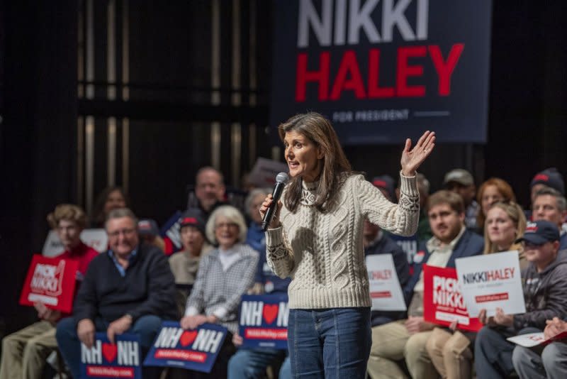 Former South Carolina Governor and Republican presidential candidate Nikki Haley speaks during a campaign event in Exeter, N.H., on Sunday. Photo by Amanda Sabga/UPI