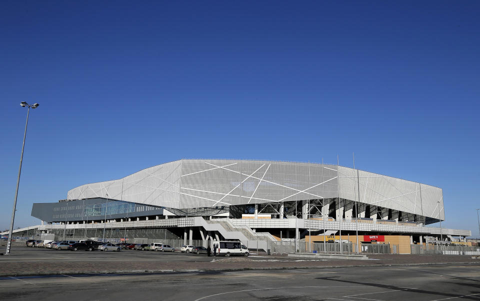 FILE - This shows a general view of the Arena Lviv stadium in Lviv, western Ukraine, on Feb. 16, 2015. Two soccer teams exiled from cities in war-battered eastern Ukraine play each other Sunday, May 28, 2023 in the safer western part of the country with the league title at stake. (AP Photo/Efrem Lukatsky, File)