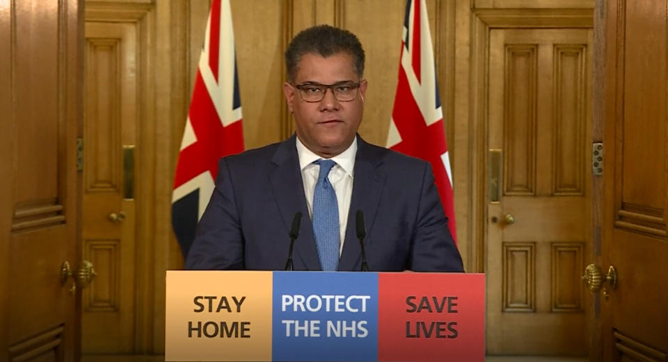 Screen grab of International Development Secretary Alok Sharma answering questions from the media via a video link during a media briefing in Downing Street, London, on coronavirus (COVID-19). (Photo by PA Video/PA Images via Getty Images)