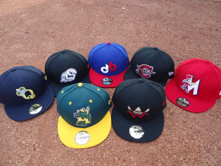 Clockwise from L-R: New Era hats for the Queens Kings; Casper Ghosts; Denver Bears; Capital City Bombers; Madison Hatters; Wichita Wranglers; and Madison Muskies.