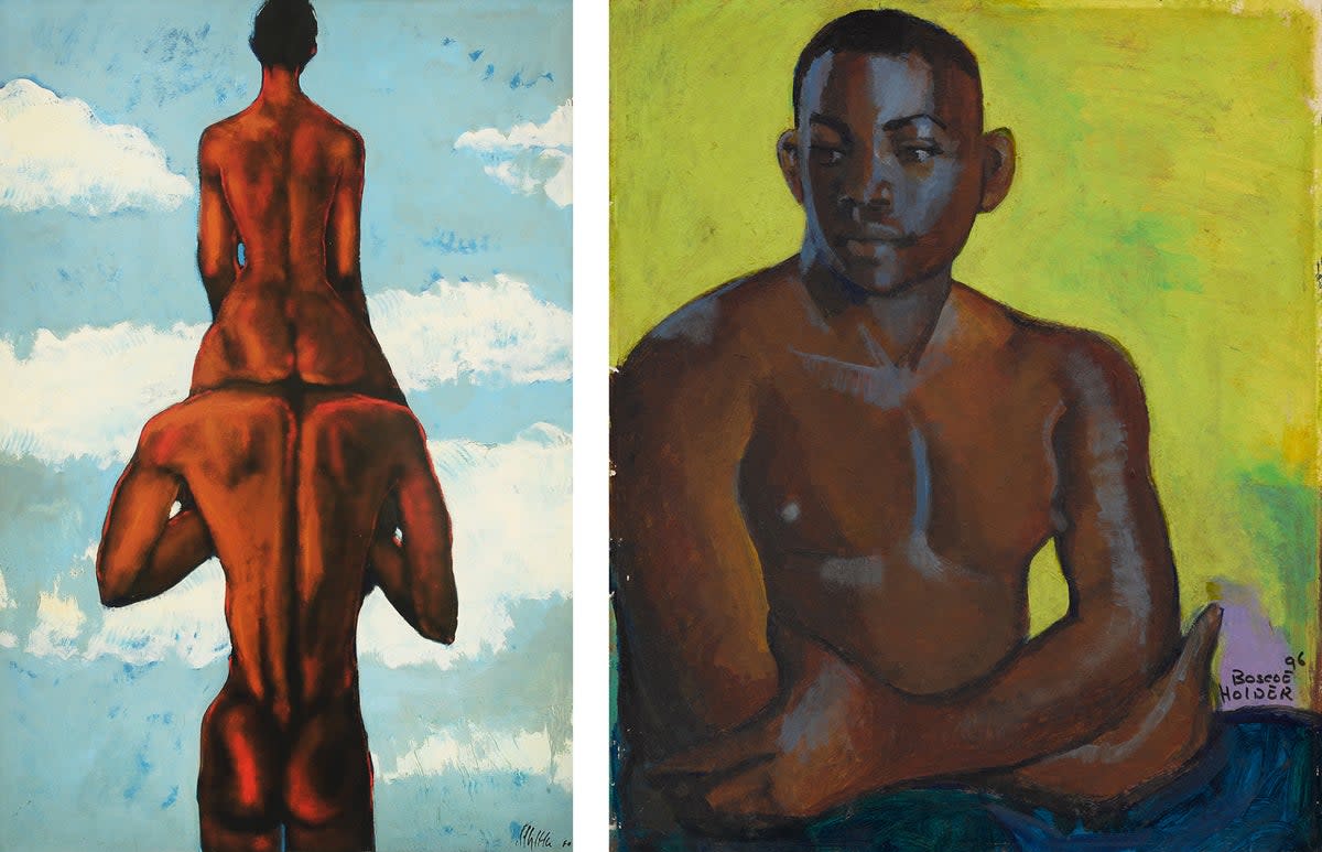 Geoffrey Holder, Woman on Man's Shoulders, Late-1970s (left), Boscoe Holder, Green Background, 1996 (right) (© Geoffrey Holder, Courtesy the Geoffrey Holder Estate and James Fuentes / © Boscoe Holder, Courtesy the Boscoe Holder Estate and Victoria Miro)