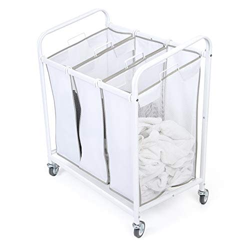 Smart Design Premium Rolling 3 Compartment Mesh Laundry Sorter Hamper w/Wheels & Handles - Steel Metal Frame - VentilAir Fabric Design - Clothes & Laundry - Home Organization (Holds 9 Loads) [White]