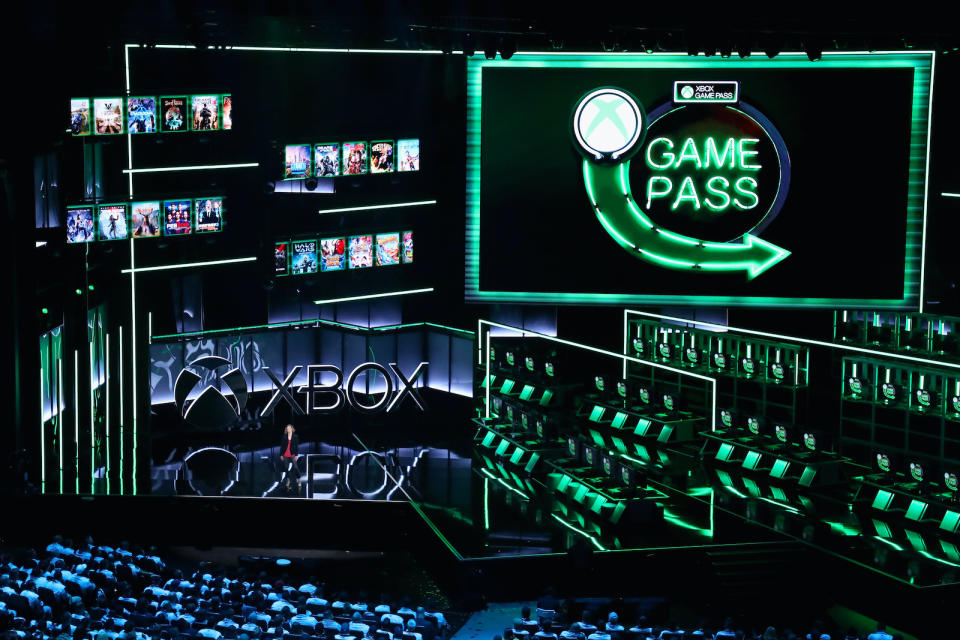 LOS ANGELES, CA - JUNE 10:  Ashley Speicher, Xbox Game Pass exec, speaks during the Microsoft xBox E3 briefing at the Microsoft Theater on June 10, 2018 in Los Angeles, California. The E3 Game Conference begins on Tuesday June 12.  (Photo by Christian Petersen/Getty Images)