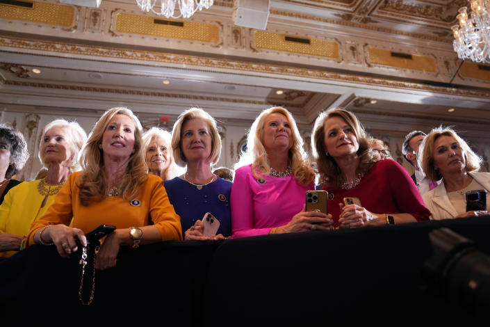 Supporters of former President Donald Trump listen as he speaks at Mar-a-Lago, his residence and private club in Palm Beach, Fla., on Tuesday, April 4, 2023. (Todd Heisler/The New York Times)