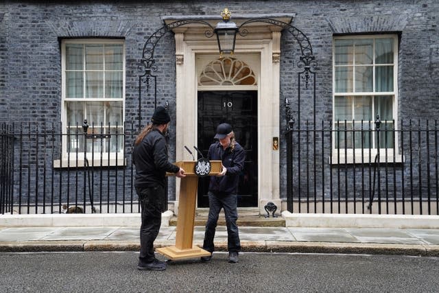 A lectern is placed outside 10 Downing Street