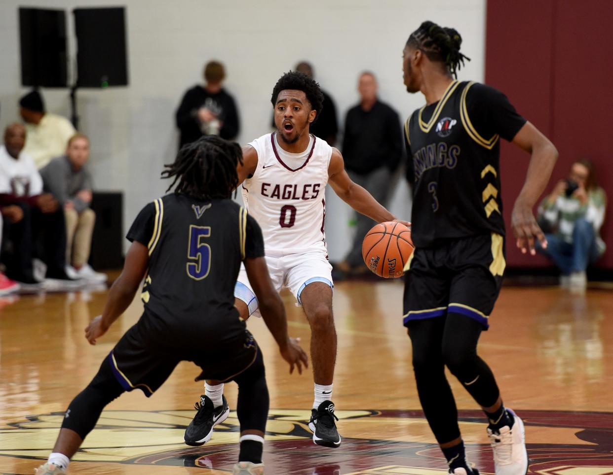 Snow Hill's Jayden Hudson (0) dribbles in the game against Cambridge Wednesday, Dec. 6, 2023, in Snow Hill, Maryland. Cambridge defeated Snow Hill 73-65.