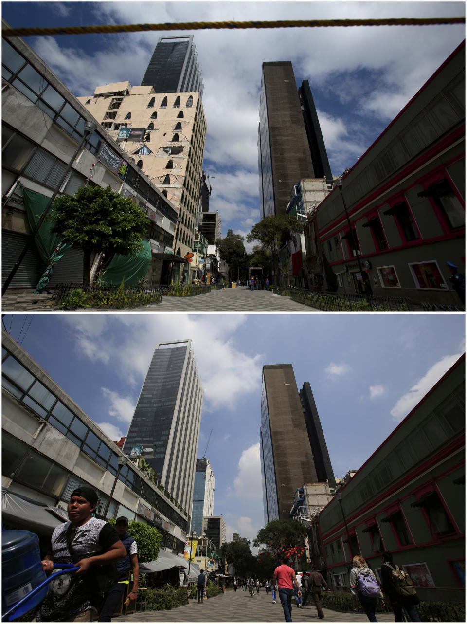 Esta combinación de imágenes muestra la calle peatonal Génova, donde un sismo de magnitud 7,1 daño un edificio de oficinas y obligó a cerrar la calle, un mes después del terremoto, el 17 de octubre de 2017 (arriba), y la misma zona un año más tarde, el 17 de septiembre de 2018, tras el derribo del edificio y la reapertura de la calle, en la Zona Rosa, de la Ciudad de México. La lentitud de los derribos y de la reconstrucción frustra tanto a quienes perdieron sus casas como a quienes viven entre inmuebles destrozados que parece que vayan a colapsar en cualquier momento sobre las aceras y calles que siguen acordonadas desde el temblor. (AP Fotos/Rebecca Blackwell)