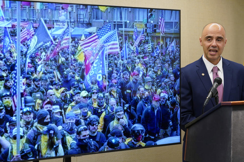 U.S. Attorney for the District of Colombia Matthew Graves speaks about the unfolding of the January 6 attack on the Capitol during a presentation ahead of this year's third anniversary in Washington, Thursday, Jan. 4, 2024. (AP Photo/Susan Walsh)