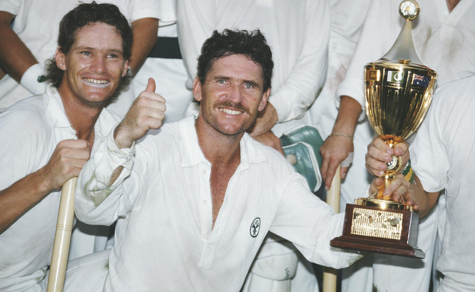 Dean Jones and Allan Border, pictured here after Australia's triumph at the 1987 Cricket World Cup.