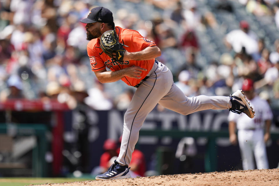 Los Angeles Angels relief pitcher Jose Quijada follows through during the fourth inning of a baseball game against the Los Angeles Angels, Sunday, Sept. 4, 2022, in Anaheim, Calif. (AP Photo/Jae C. Hong)