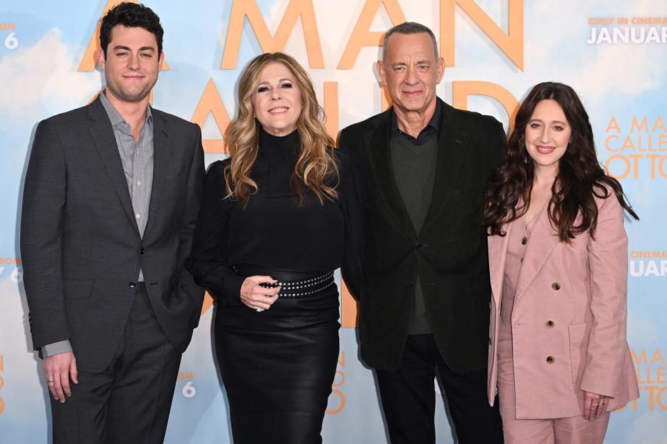 LONDON, ENGLAND - DECEMBER 16: (L-R) Truman Hanks, Rita Wilson, Tom Hanks and Mariana Treviño attend the "A Man Called Otto" photocall at Corinthia Hotel on December 16, 2022 in London, England. (Photo by Karwai Tang/WireImage)