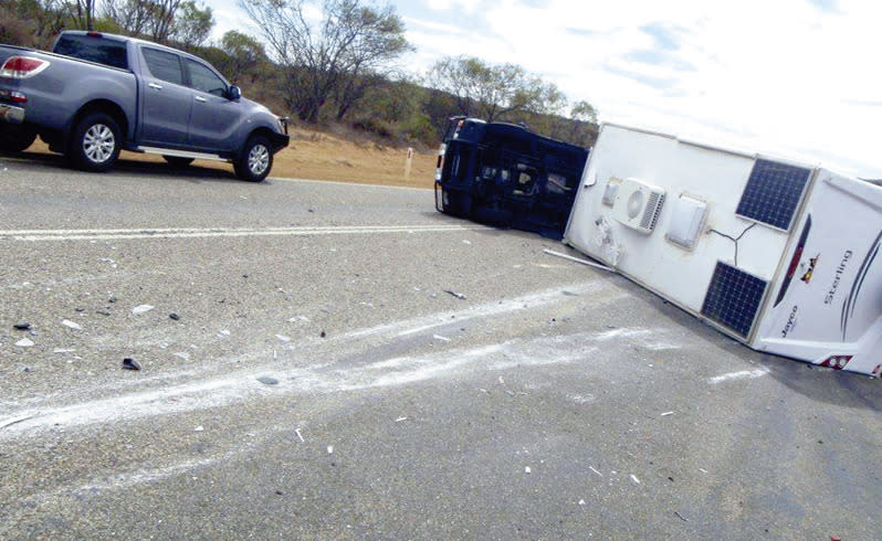 Lucky escape: A couple escaped serious injury after their caravan rolled near Binnu last week.