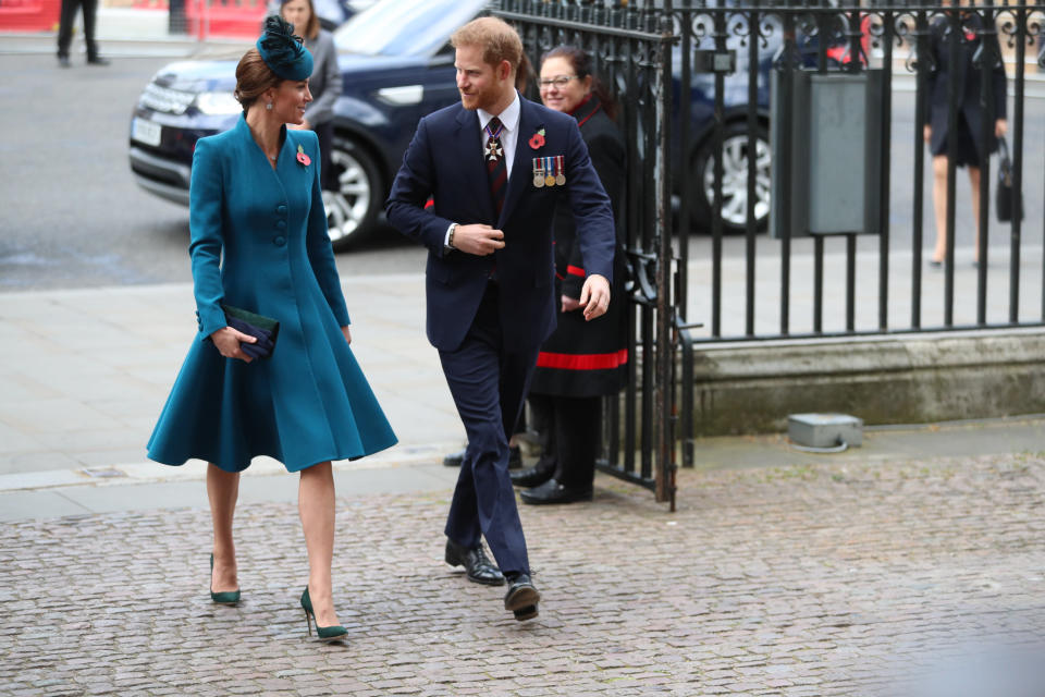 The Duchess of Cambridge and the Duke of Sussex arrive at the Anzac Day service at Westminster Abbey [Photo: PA]