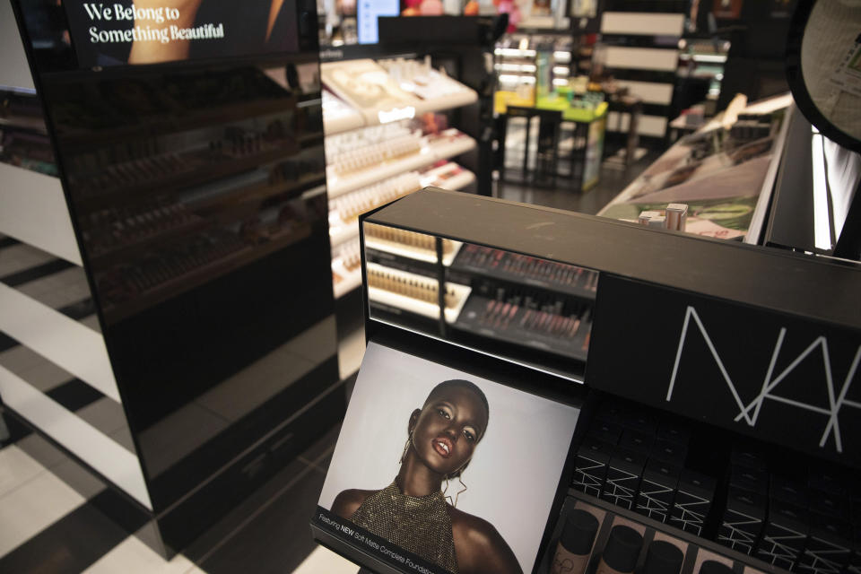 In this photo taken on May 7, 2021, a display inside a Sephora store in New York features Black-owned beauty brands. Sephora recently announced a commitment to devote at least 15% of its store shelves to Black-owned brands. (AP Photo/Robert Bumsted)