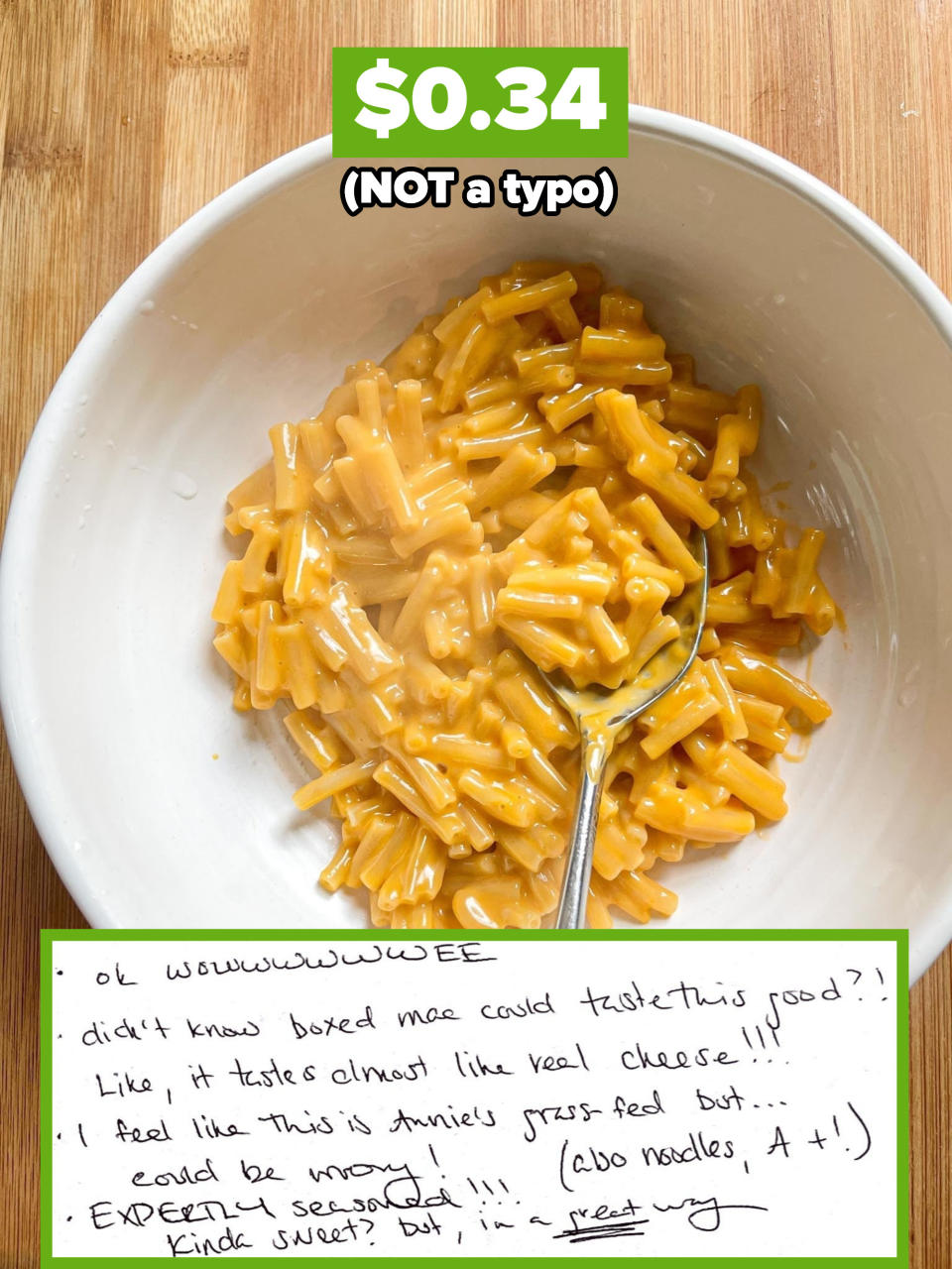 cost: $0.34, not a typo! Author's handwritten notes at the bottom, including "ok WOWEE" and "I didn't know boxed mac could taste this good"