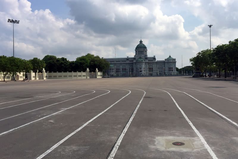 A new plaque is seen in place of a previous plaque, which had gone missing, at the Royal plaza in Bangkok