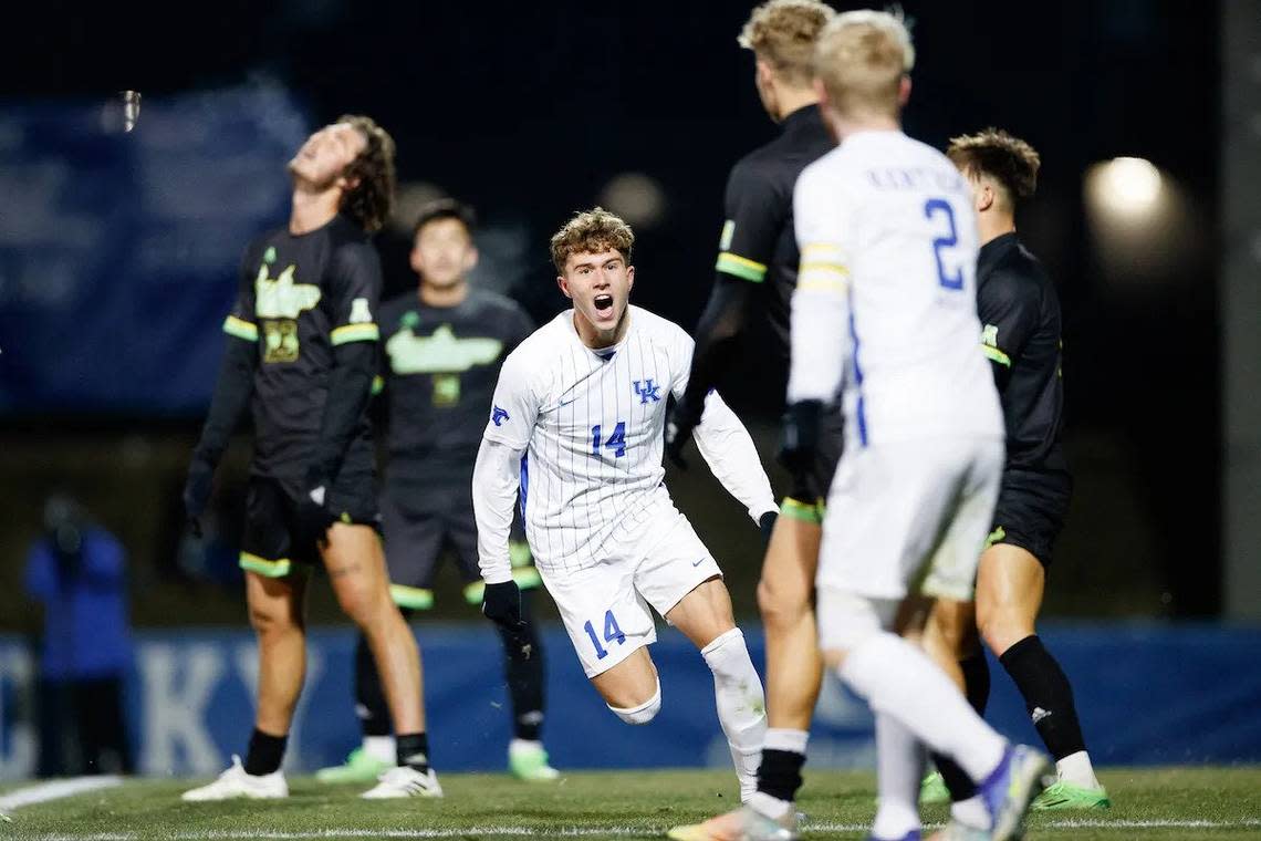 Freshman Max Miller (14) broke through for one of Kentucky’s four goals during its NCAA Tournament opener on Sunday night.