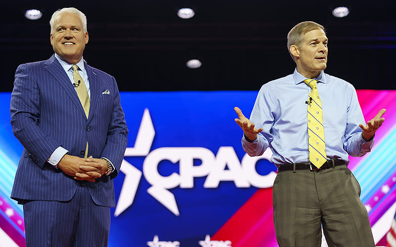 Matt Schlapp, chairman of the Conservative Political Action Conference (CPAC), and Rep. Jim Jordan (R-Ohio) are seen at CPAC at the Gaylord National Resort and Convention Center in National Harbor, Md., on Thursday, March 2, 2023. <em>Greg Nash</em>