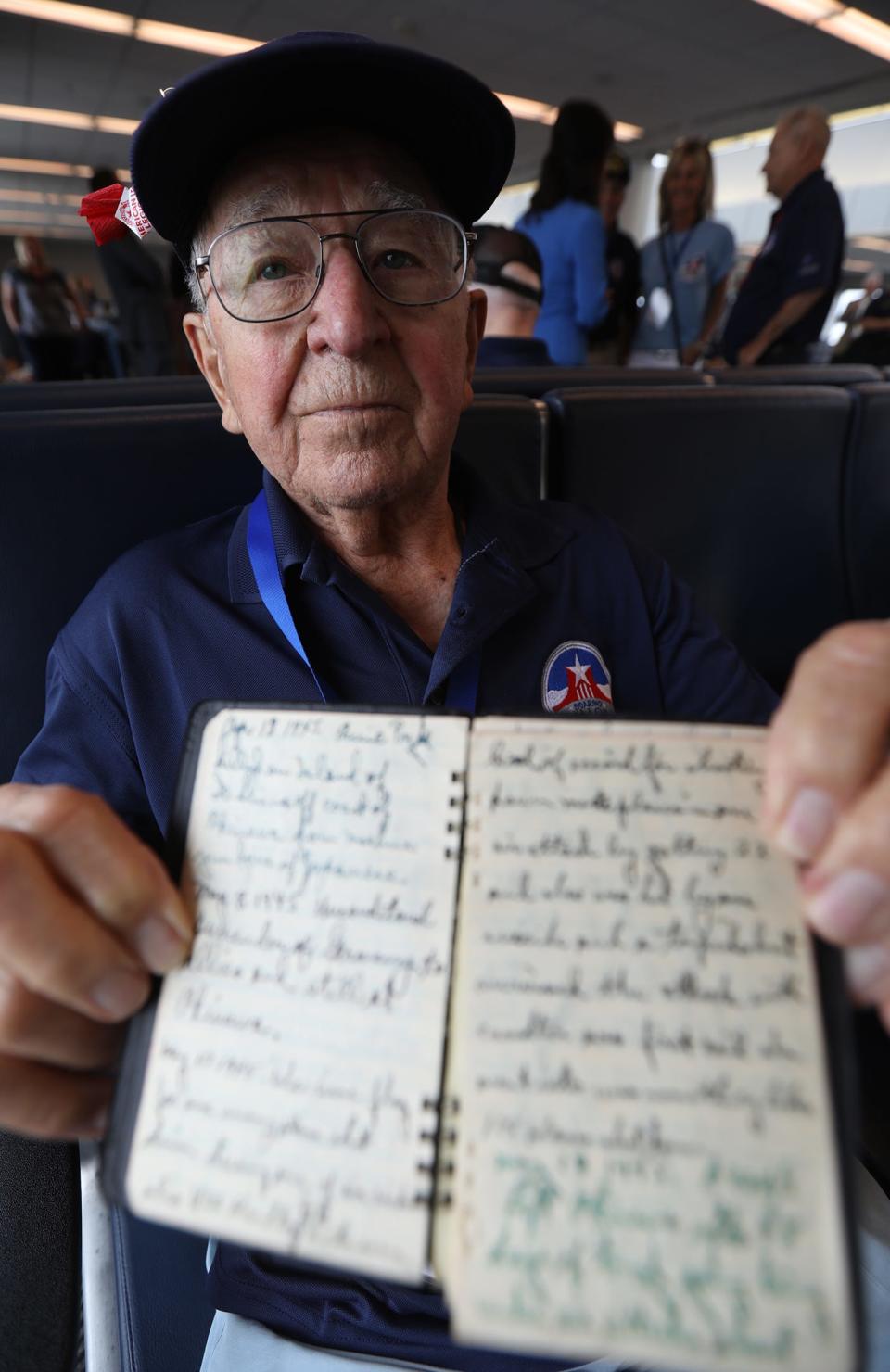 Bob Persichitti, 96, of Fairport, N.Y., kept a diary during his service in World War II in the U.S. Navy as a radio man. Among his notes, he recorded watching the raising of the flag at Iwo Jima. He visited the National World War II Museum in New Orleans on a trip organized by The Gary Sinise Foundation's Soaring Valor program and American Airlines in 2018.