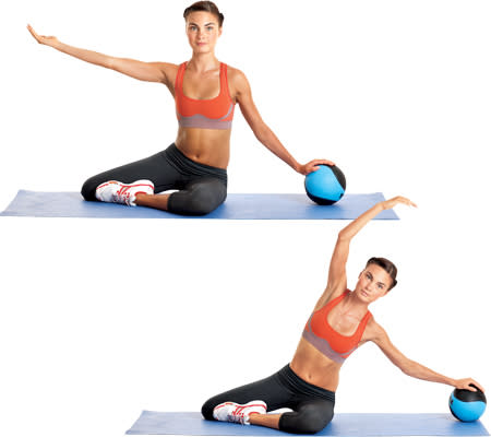 Sit with the ball at your left side, and bend your left leg in front of you, your right leg behind you. Place your left hand on the ball, elbow slightly bent, and extend your right arm out to your side at shoulder level. Brace your core and roll the ball out to the left as far as you can while reaching your right arm over your head. Hold for two or three seconds, then roll the ball back toward your body and return to the starting position. That’s one rep. Finish all reps, then switch sides and repeat.