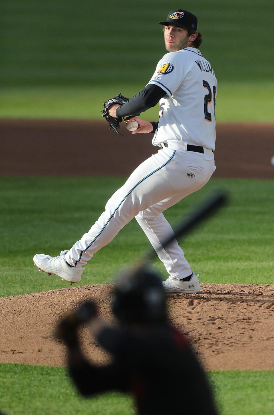 Akron RubberDucks pitcher Gavin Williams throws a first-inning pitch against Erie, Thursday, April 6, 2023.