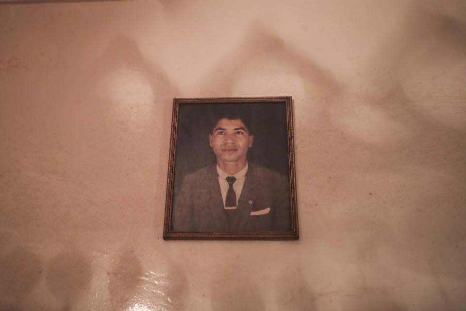 An image of a young Belhussein Abdelsalam, a Charlie Chaplin impersonator, in his home in Sale, near Rabat, Morocco, Tuesday, March 23, 2021. When 58-year-old Moroccan Belhussein Abdelsalam was arrested and lost his job three decades ago, he saw Charlie Chaplin on television and in that moment decided upon a new career: impersonating the British actor and silent movie maker remembered for his Little Tramp character. (AP Photo/Mosa'ab Elshamy)