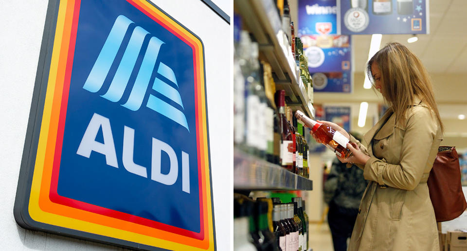 Aldi sign; Customer shopping for wine