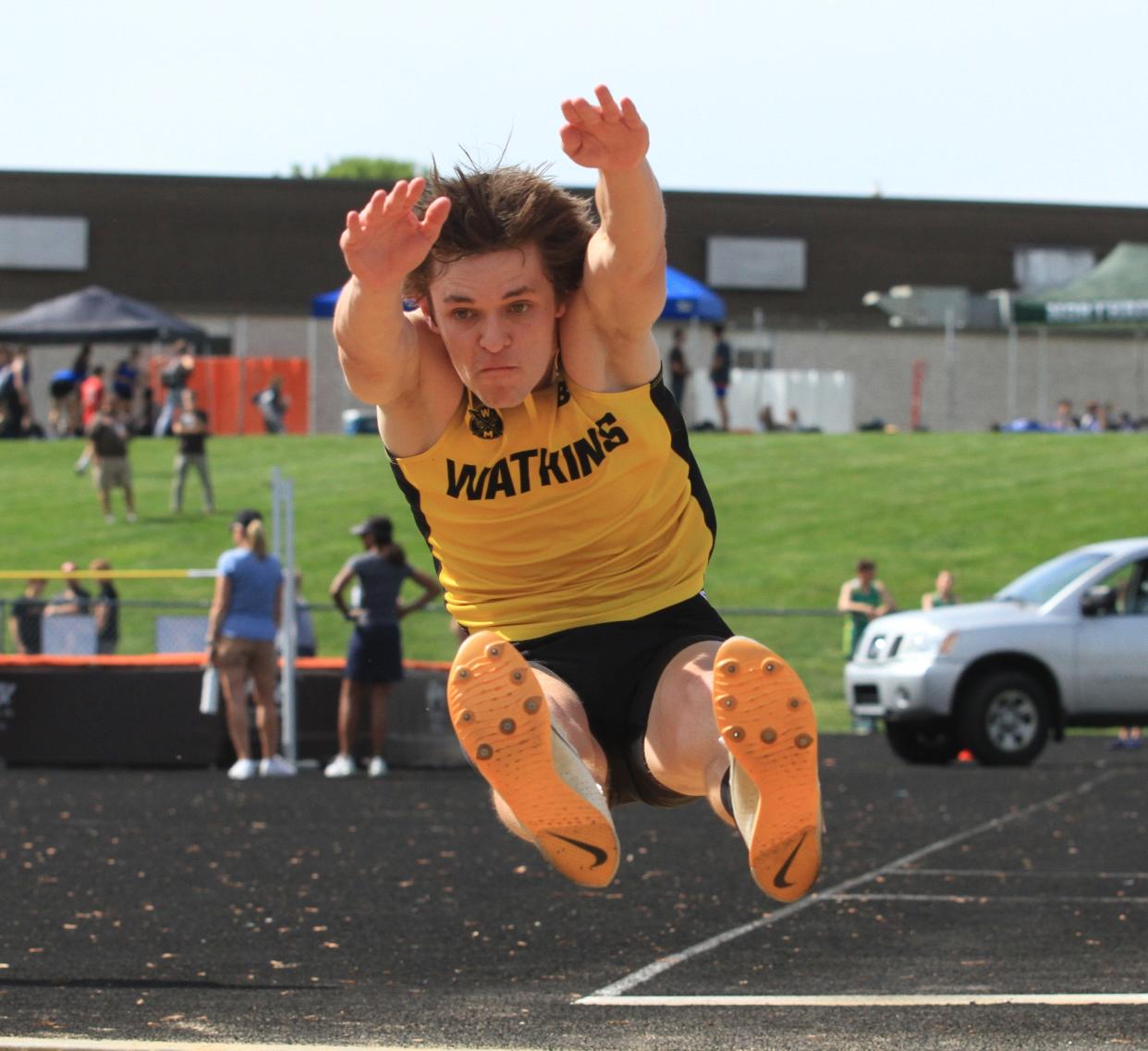 Watkins Memorial's Jacob Holbert competes in the long jump during the Licking County League-Buckeye Division championship at Heath on Wednesday, May 8, 2024.