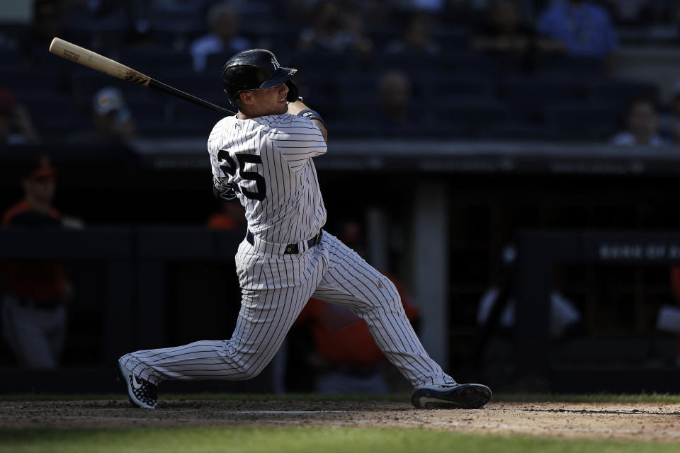New York Yankees' Gleyber Torres hits an RBI single against the Baltimore Orioles in the seventh inning of a baseball game on Saturday, Sept. 4, 2021, in New York. (AP Photo/Adam Hunger)