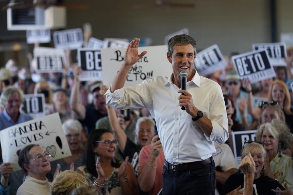 Texas Democratic gubernatorial candidate Beto O'Rourke speaks to supporters, Wednesday, Aug. 17, 2022, in Fredericksburg, Texas. On the brink of November's midterm elections, both full-time election workers in rural Gillespie County suddenly and stunningly quit this month with less than 70 days before voters start casting ballots. (AP Photo/Eric Gay)