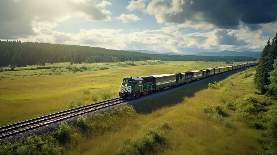 An intermodal container train winding through a rural landscape.