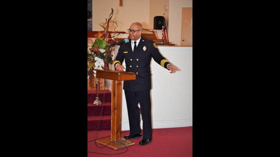 Fire Chief Reginald Johnson spoke at Hazel Erwin’s funeral on Monday, May 16. 