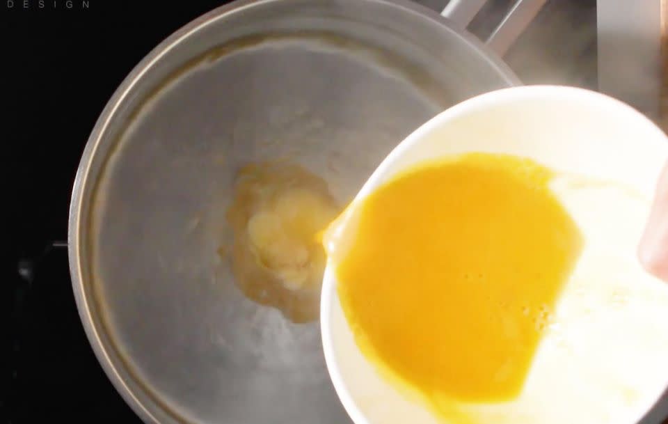 Pour the beaten eggs into the whirlpool and this is where the magic happens. Source: Food52 / Vimeo