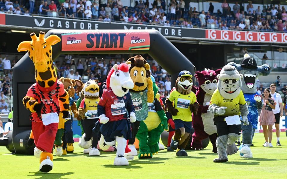  Mascots take part in the mascot race ahead of the Vitality T20 Blast Semi Final between Hampshire Hawks and Somerset at Edgbaston  - Gareth Copley/ECB via Getty Images