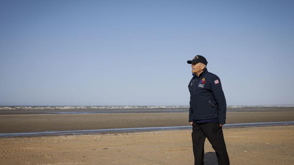 U.S. veteran Andrew Negra walks on the beach after the commemoration organized by the Best Defense Foundation at Utah Beach near Sainte-Marie-du-Mont, Normandy, France, Sunday, June 4, 2023, ahead of the D-Day anniversary. (Thomas Padilla/AP)