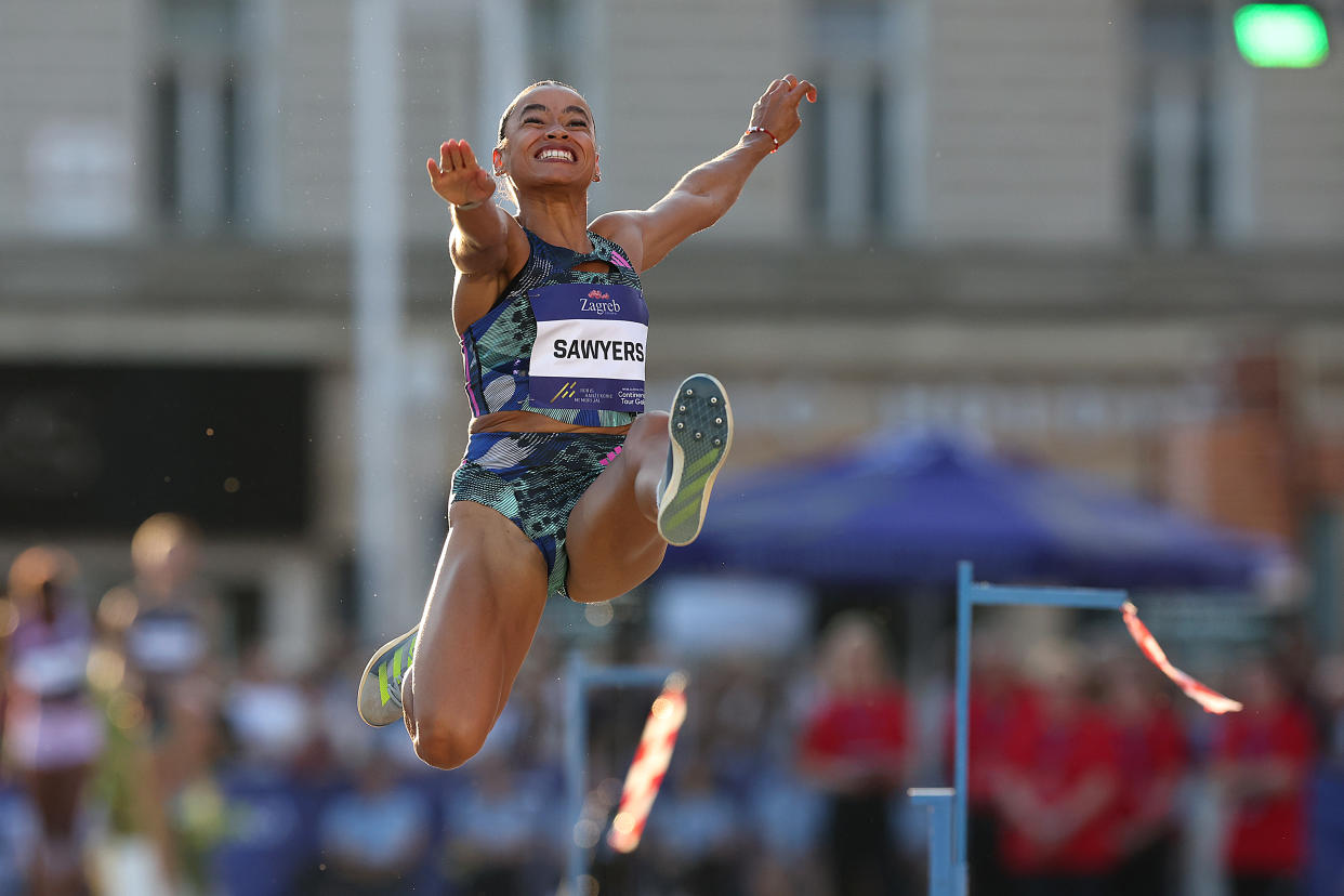 ZAGREB, CROATIA - SEPTEMBER 8: Jazmin Sawyers of UK competes in Women's Triple Jump during the World Athletics Continental Tour Zagreb 2023 - 73rd Boris Hanzekovic Memorial at Ban Josip Jelacic Square on September 8, 2023 in Zagreb, Croatia. (Photo by Goran Stanzl/Pixsell/MB Media/Getty Images)