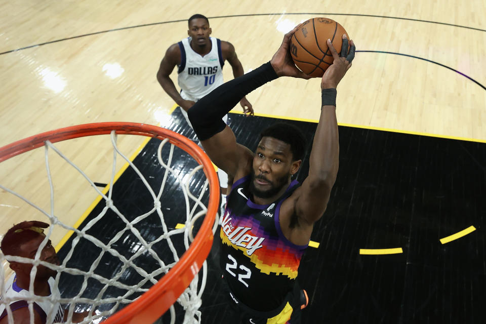 Deandre Ayton #22 of the Phoenix Suns slam dunks against the Dallas Mavericks during the second half of Game Two of the Western Conference Second Round NBA Playoffs