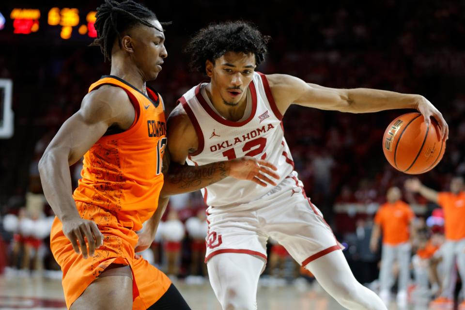 OU guard Milos Uzan (12) tries to get past OSU guard Javon Small (12) during the Sooners' 66-62 win in Bedlam on Saturday night at Lloyd Noble Center in Norman.