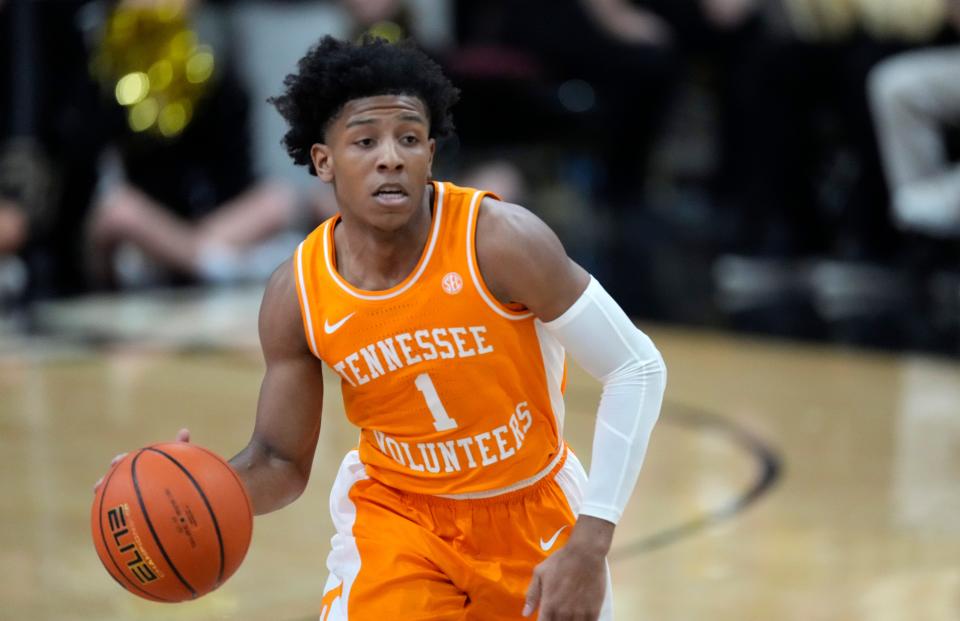 Tennessee guard Kennedy Chandler drives down the court with the ball in the first half of an NCAA college basketball game against Colorado Saturday, Dec. 4, 2021, in Boulder, Colo. (AP Photo/David Zalubowski)