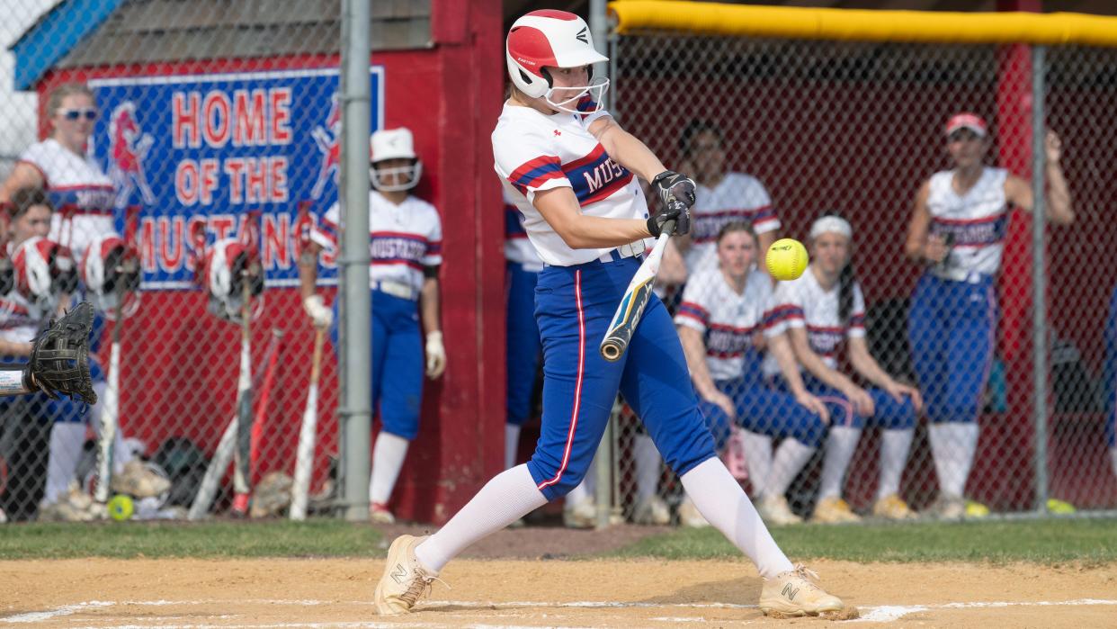 Triton's Rylee Shappell connects for a single during the softball game between Triton and Timber Creek played at Triton High School on Wednesday, April 5, 2023.  Triton defeated Timber Creek, 8-5.