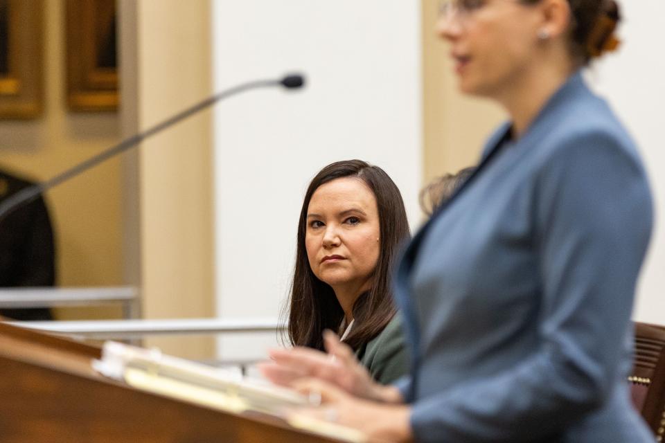 Attorney General Ashley Moody listens to arguments from the plaintiffs' attorney during a Supreme Court hearing on the 15-week abortion ban in Florida on Friday, Sept. 8, 2023.